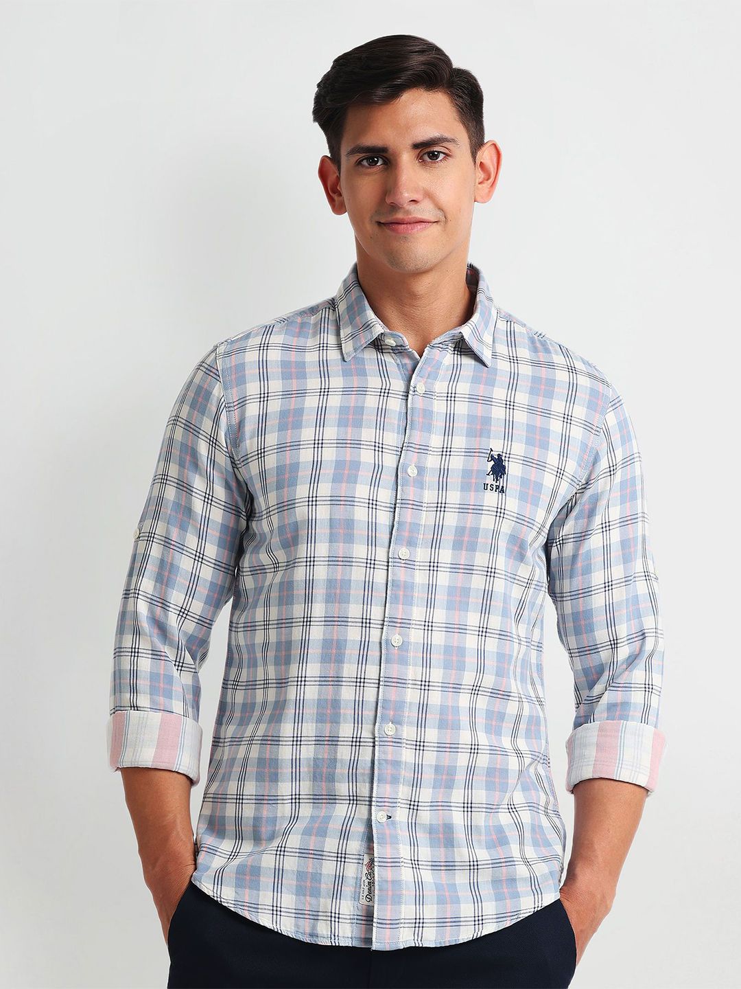 U.S. Polo Assn. Denim Co. Men Slim Fit Spread Collar Tartan Checked Cotton Casual Shirt-picture-22