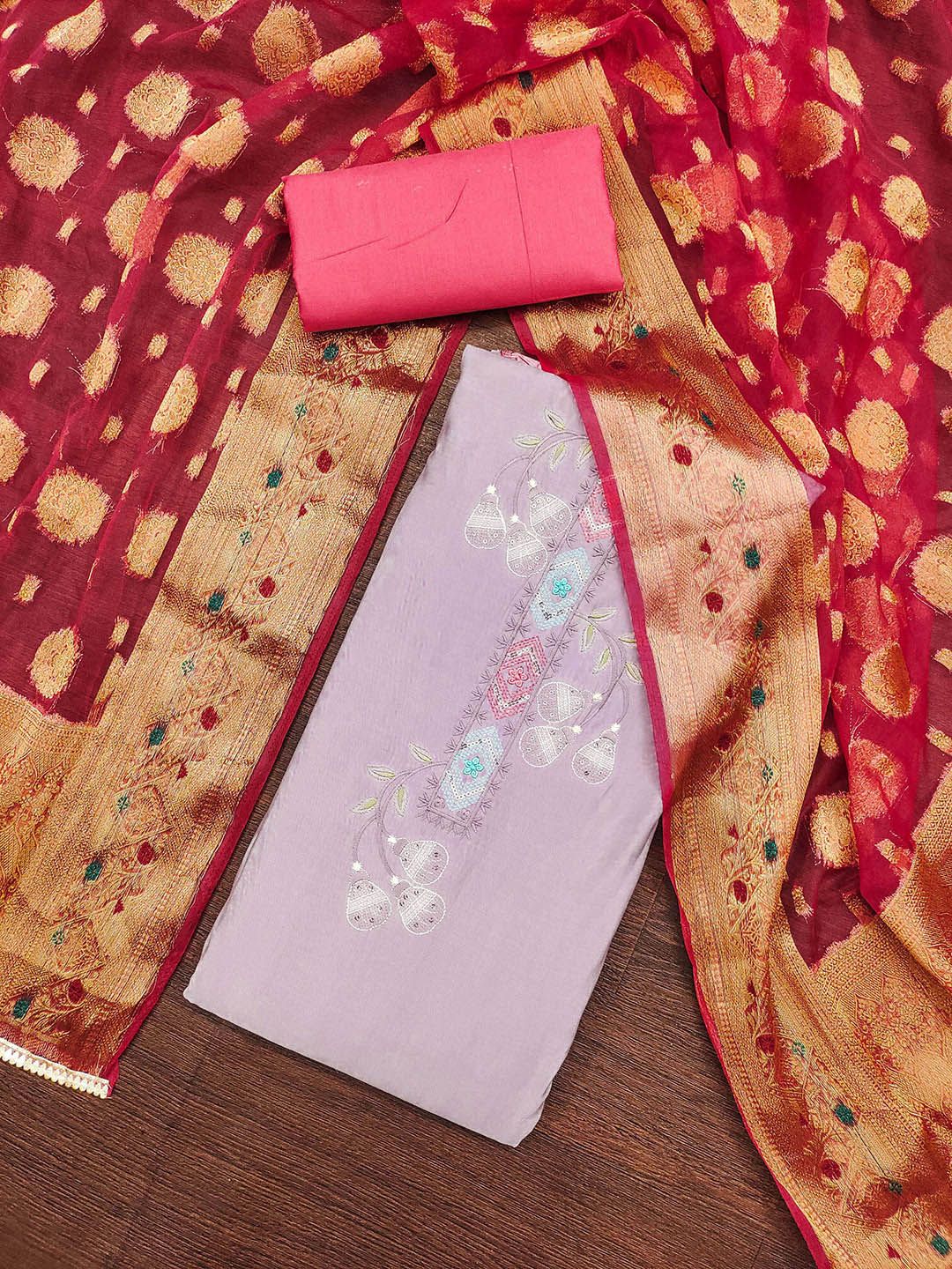 SHADOW & SAINING Floral Embroidered Sequnnied Pure Silk Semi-Stitched Dress Material-picture-23