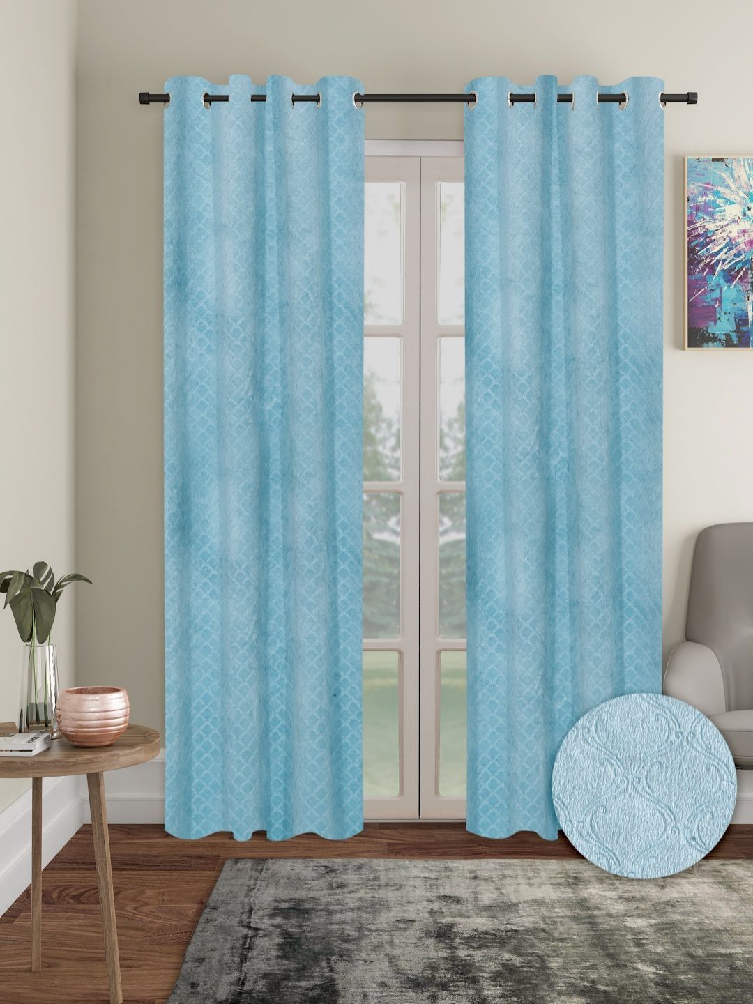 Myntra Elegant Homes Blue 2 Pieces Velvet Abstract Printed Long Door Curtain-image-28