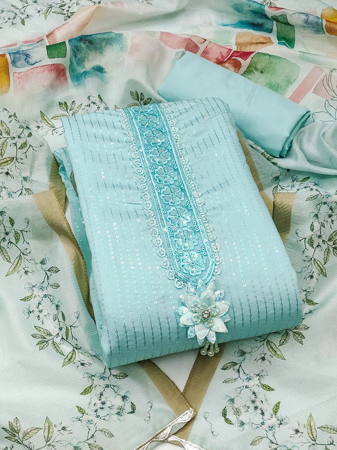 SHADOW & SAINING Floral Embroidered Sequinned Pure Silk Unstitched Dress Material-picture-30