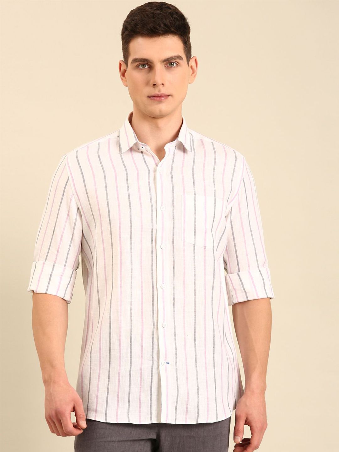 Linen Club Classic Contemporary Slim Fit Striped Pure Linen Casual Shirt-picture-28