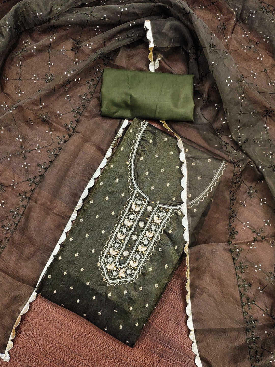 SHADOW & SAINING Floral Woven Design Beads & Stones Organza Semi-Stitched Dress Material-picture-31