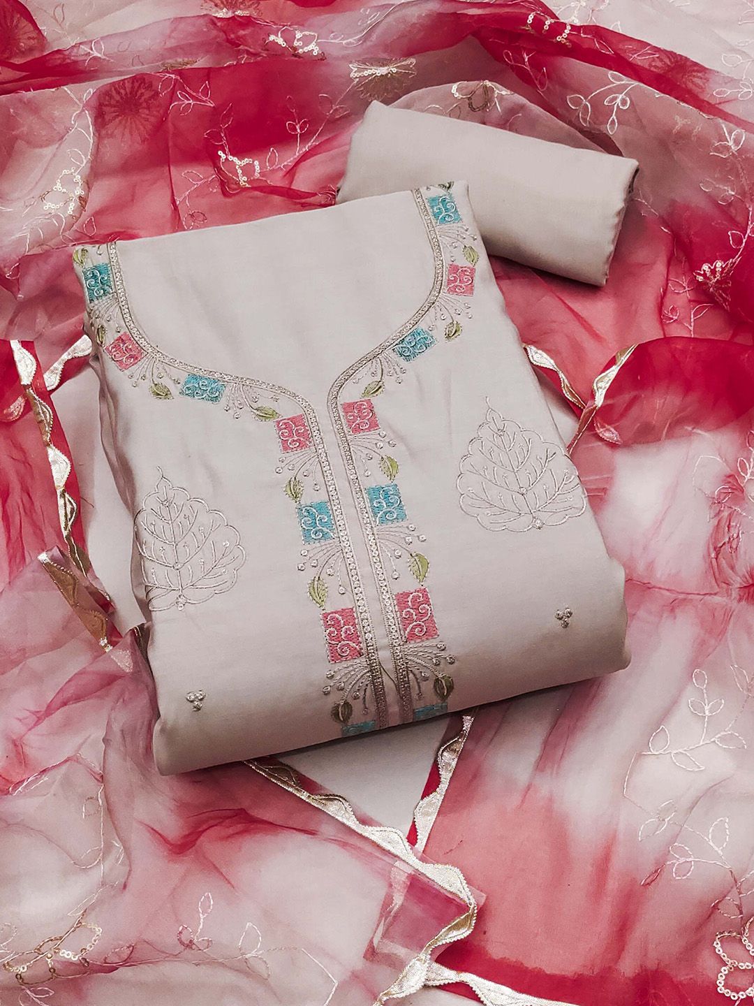 SHADOW & SAINING Floral Embroidered Sequinned Pure Silk Semi-Stitched Dress Material-picture-16