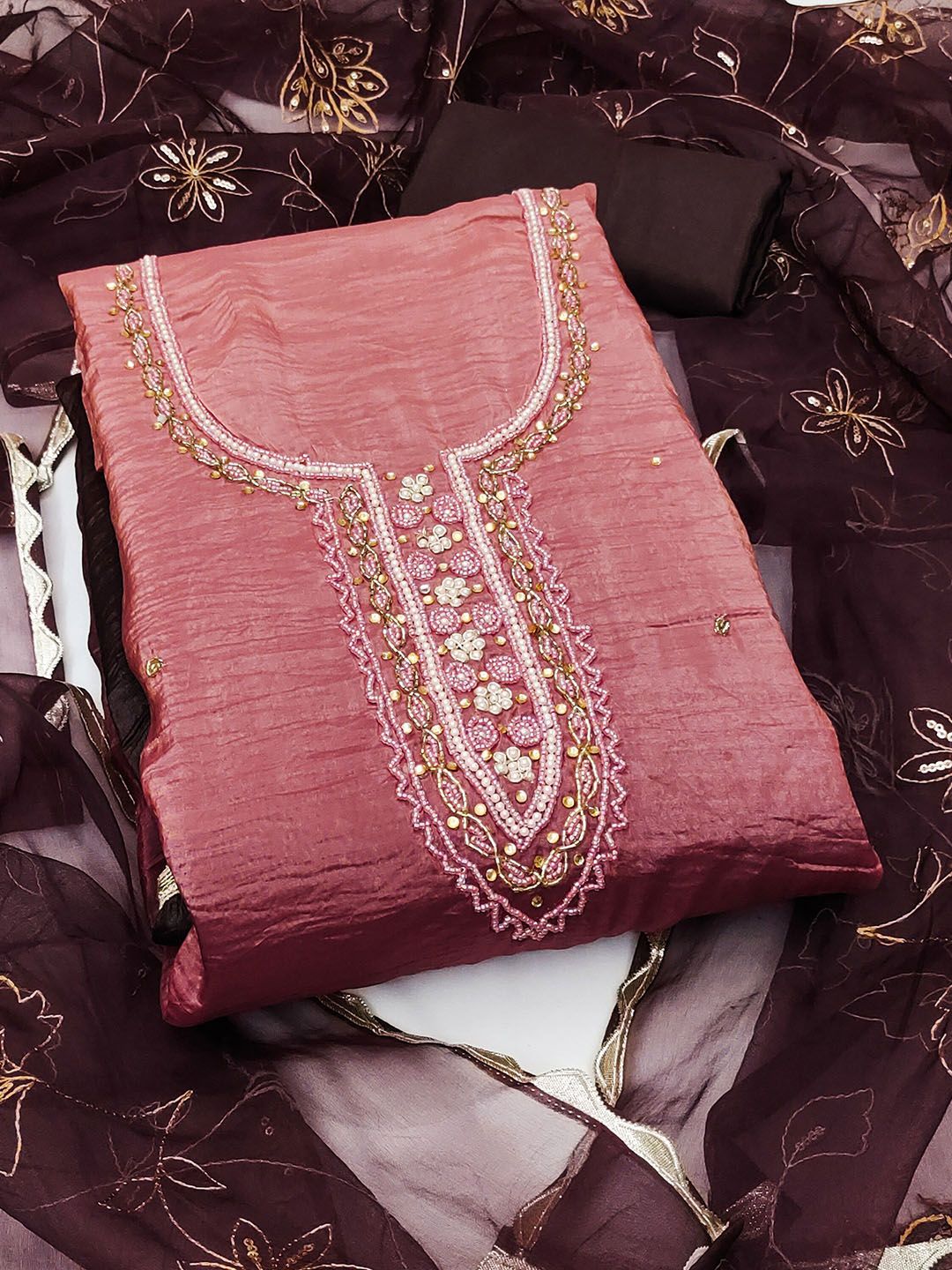 SHADOW & SAINING Floral Embroidered Sequinned Pure Silk Unstitched Dress Material-picture-25