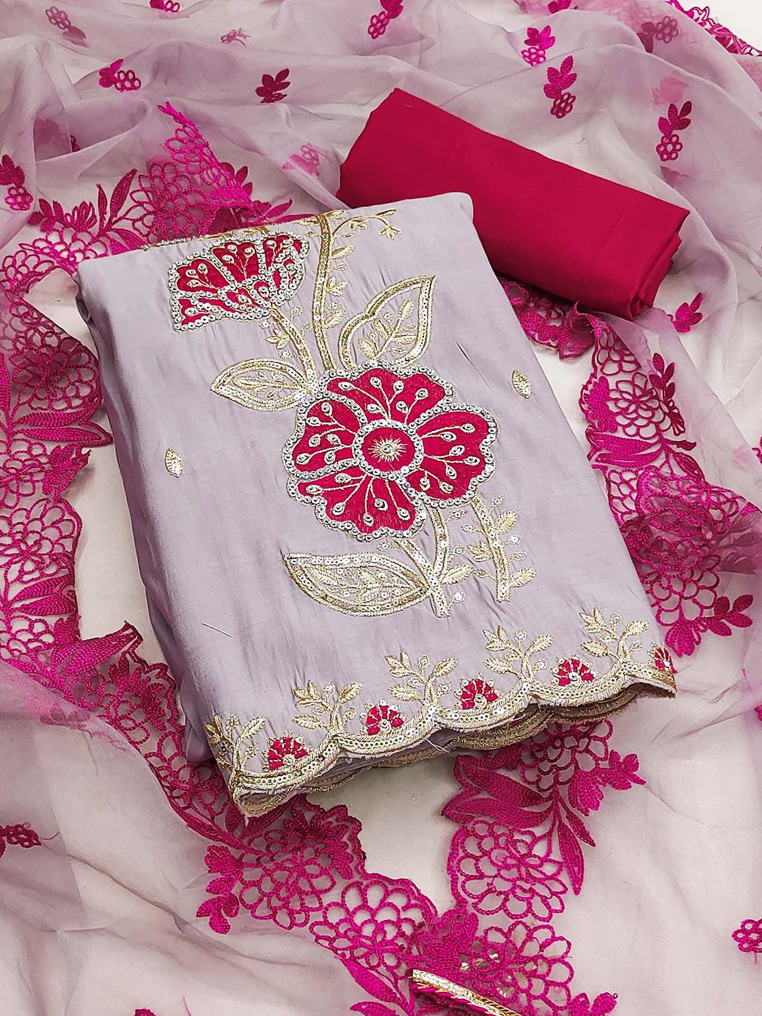 SHADOW & SAINING Foral Embroidered Sequinned Pure Silk Semi-Stitched Dress Material-picture-22