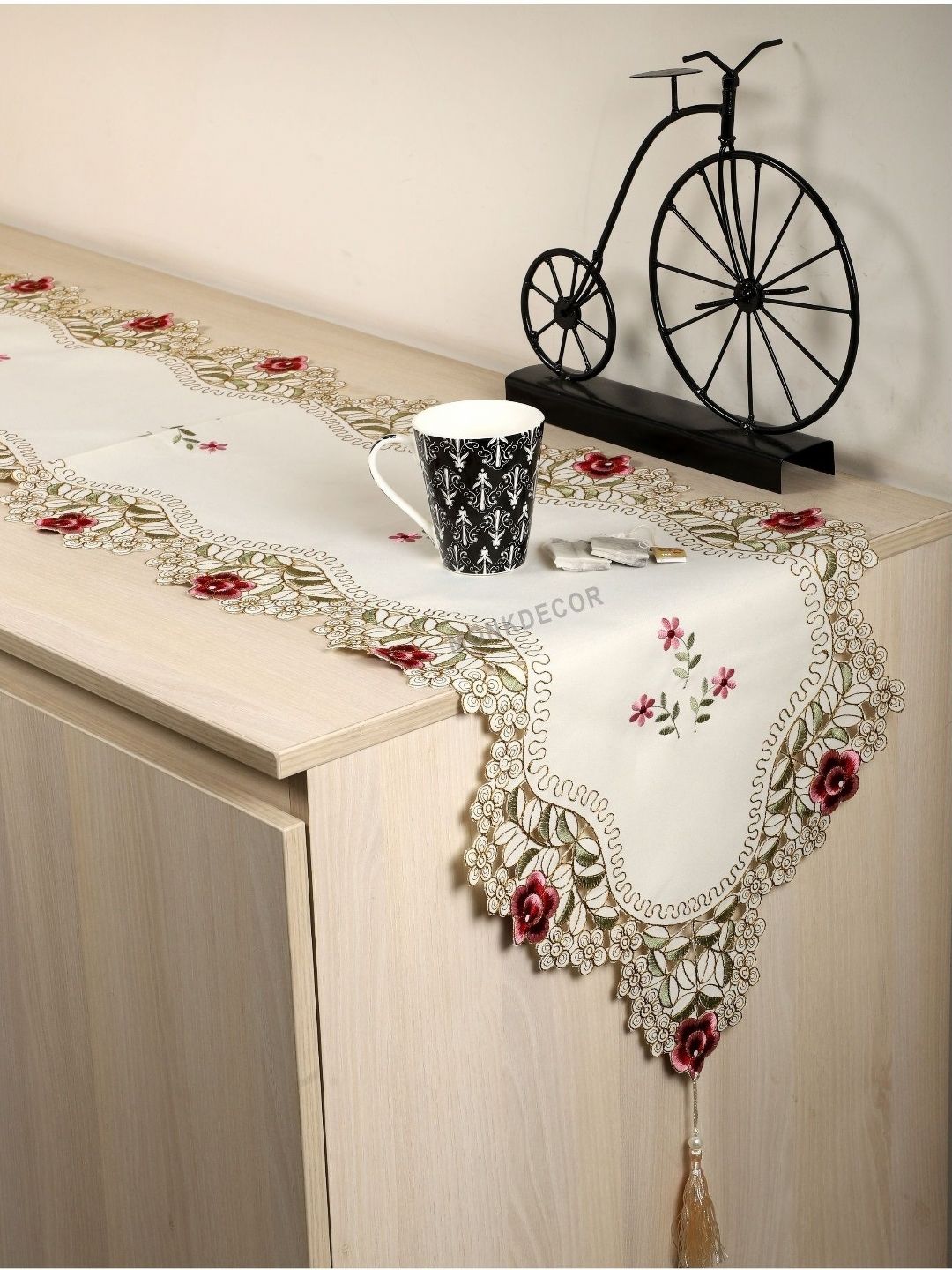 MONKDECOR White & Pink Floral Embroidered With Cut-Work Table Runner-image-2