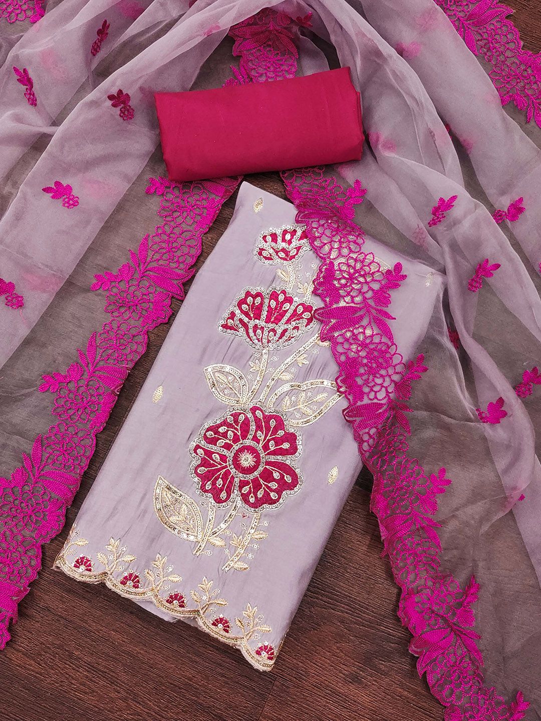 SHADOW & SAINING Floral Embroidered Sequinned Pure Silk Semi-Stitched Dress Material-picture-12