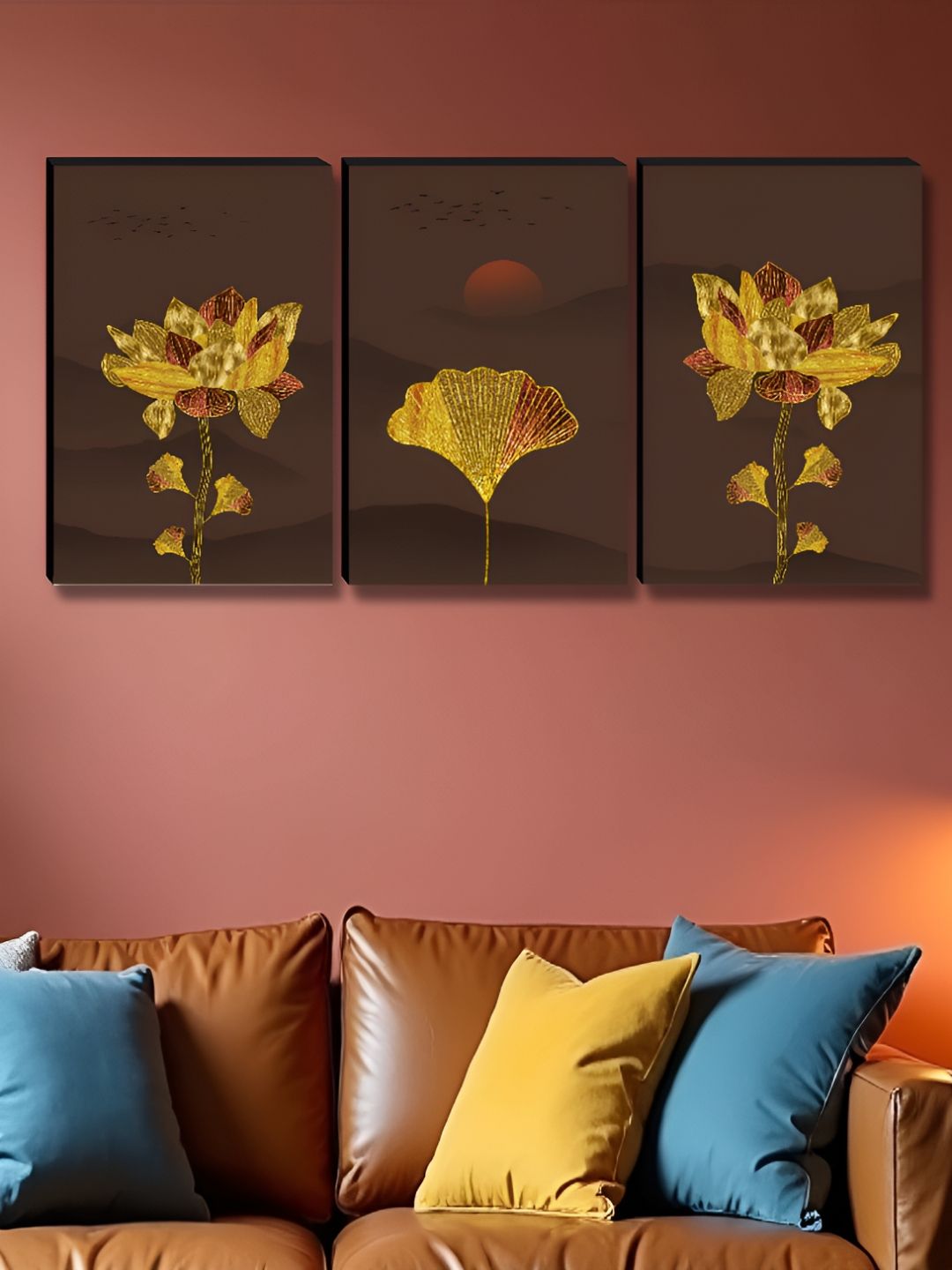 Myntra Elegant Homes Yellow & Brown 3 Pieces Floral And Botanical Prinetd Wall Arts-picture-10