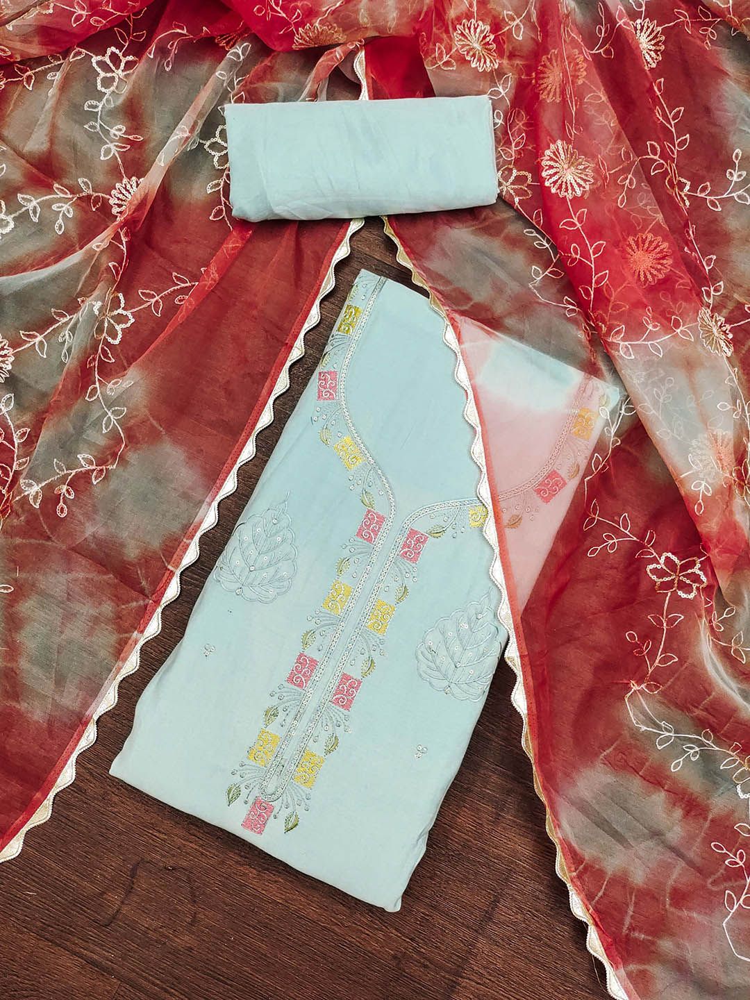 SHADOW & SAINING Floral Sequinned Embroidered Pure Silk Semi-Stitched Dress Material-picture-21