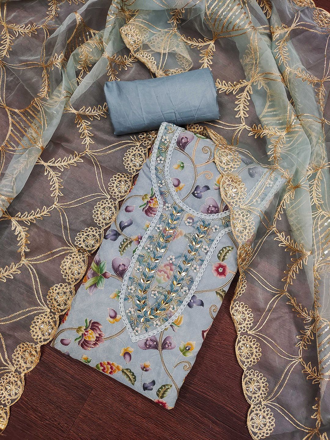 SHADOW & SAINING Floral Embroidered Beads & Stones Organza Unstitched Dress Material-picture-38