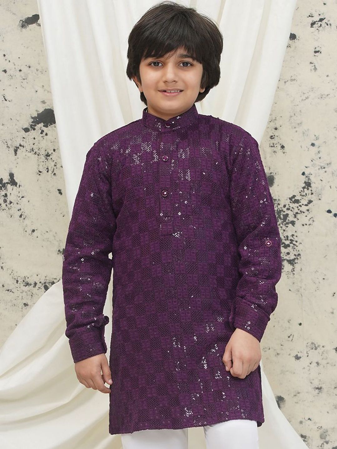 Aj DEZInES Boys Geometric Embellished Band Collar Chikankari Sequinned Straight Kurta-picture-22