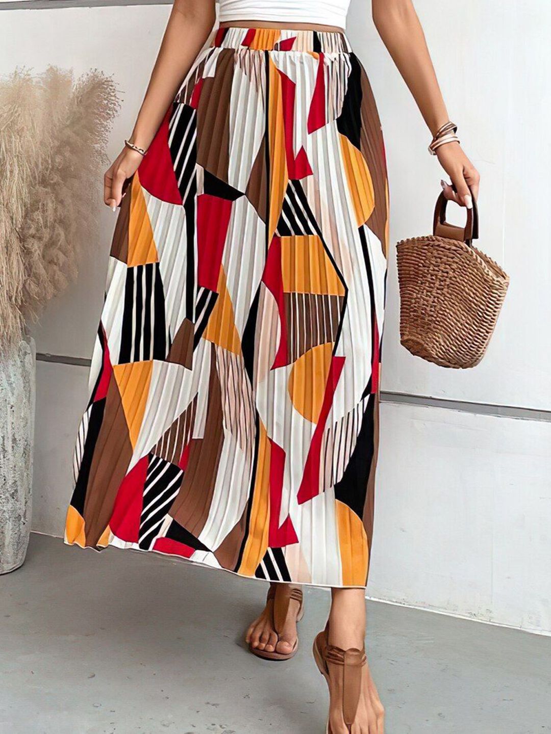 OTABU Women Abstract Printed Elasticated Waistband A-Line Maxi Skirts-picture-23