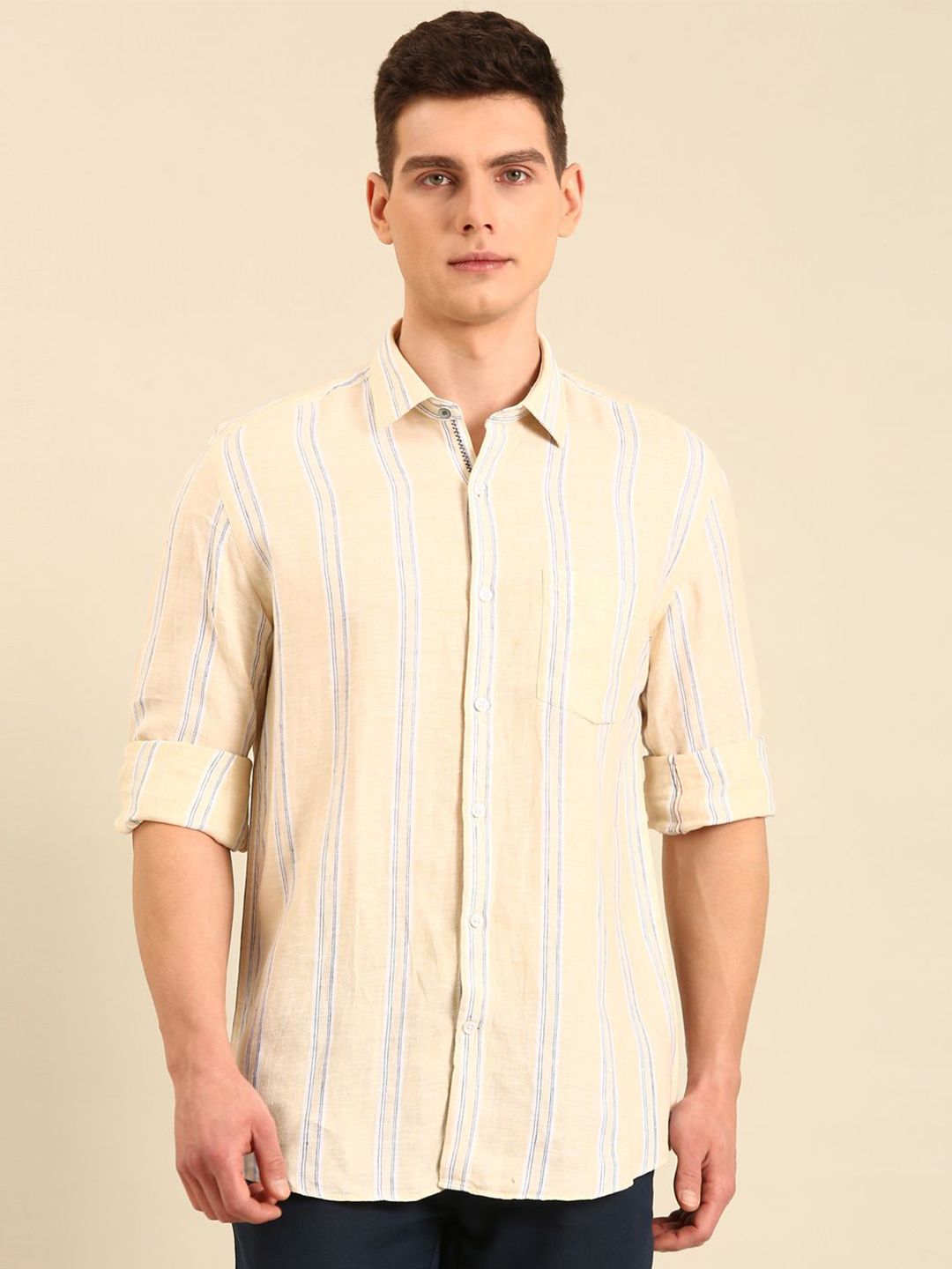 Linen Club Contemporary Slim Fit Striped Spread Collar Pure Linen Casual Shirt-picture-40