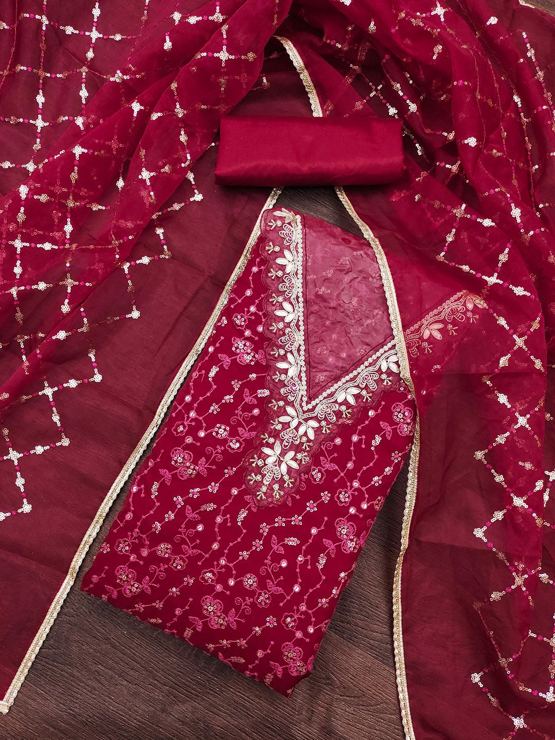 SHADOW & SAINING Floral Embroidered Sequinned Organza Semi-Stitched Dress Material-picture-41