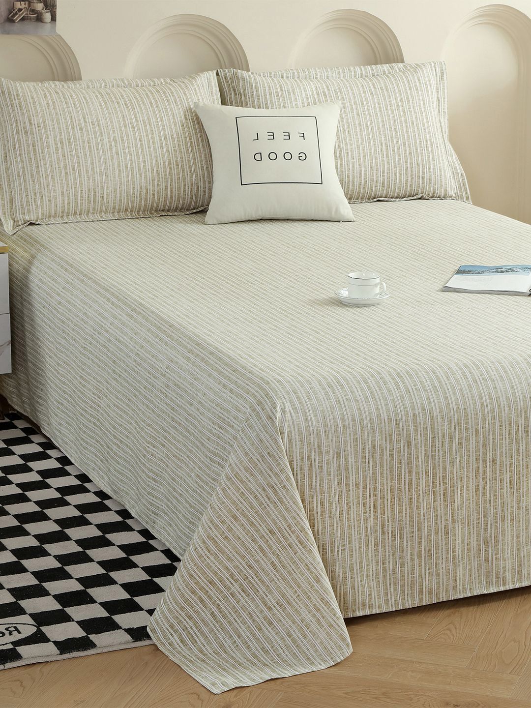 Story@home Beige & White Striped 240 TC Cotton King Bedsheet Set 2.50 m x 2.70 m-picture-28