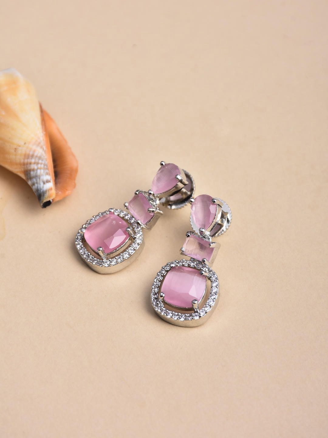 Reenisaa Rhodium-Plated Cubic Zirconia Studded Contemporary Shaped Drop Earrings-picture-29