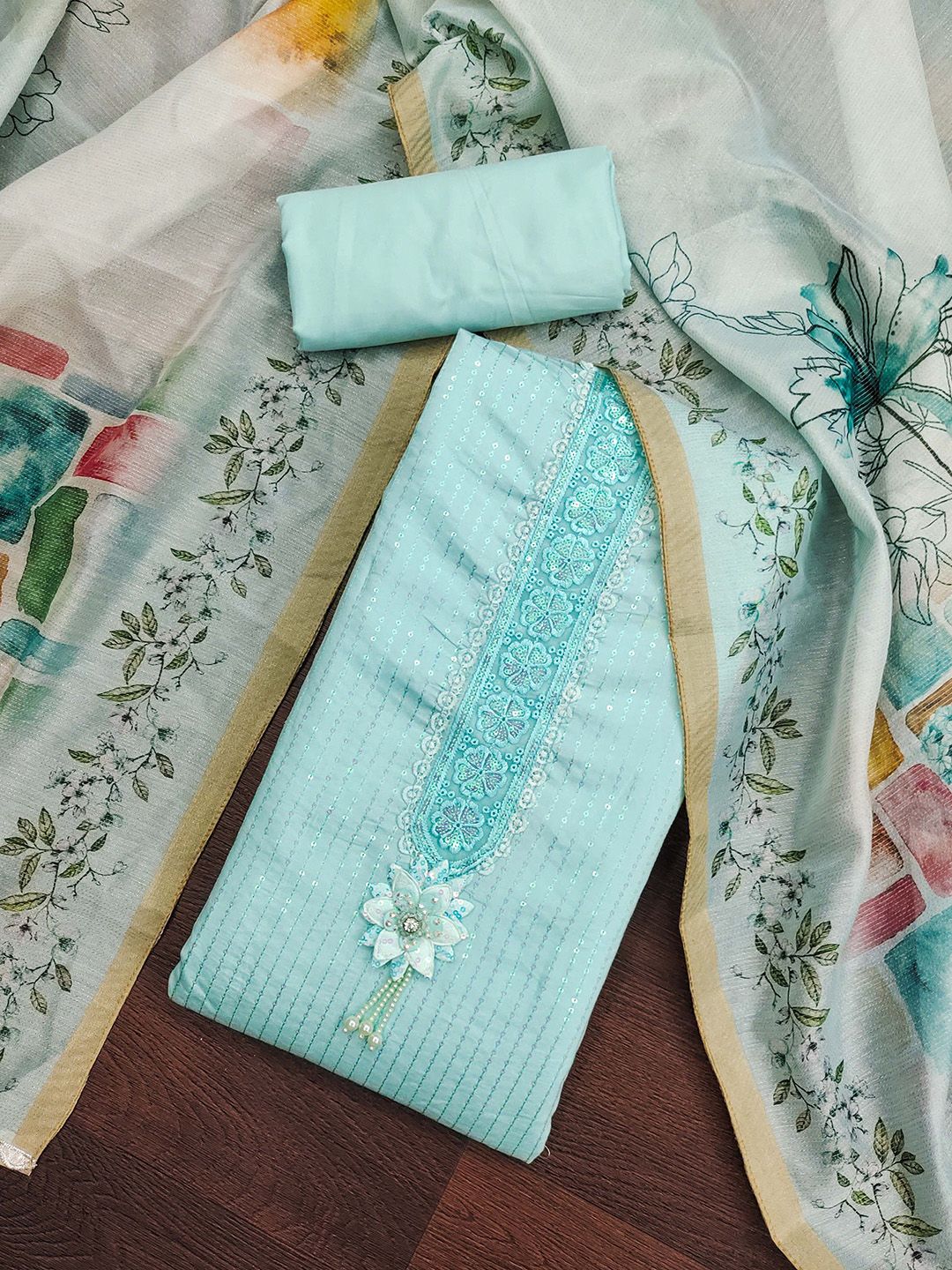 SHADOW & SAINING Floral Embroidered Sequinned Pure Silk Unstitched Dress Material-picture-36