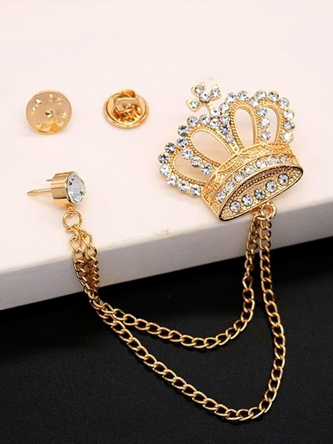 Peora Gold-Plated CZ Studded King's Crown Pattern Double Chain Pin Brooch-picture-34