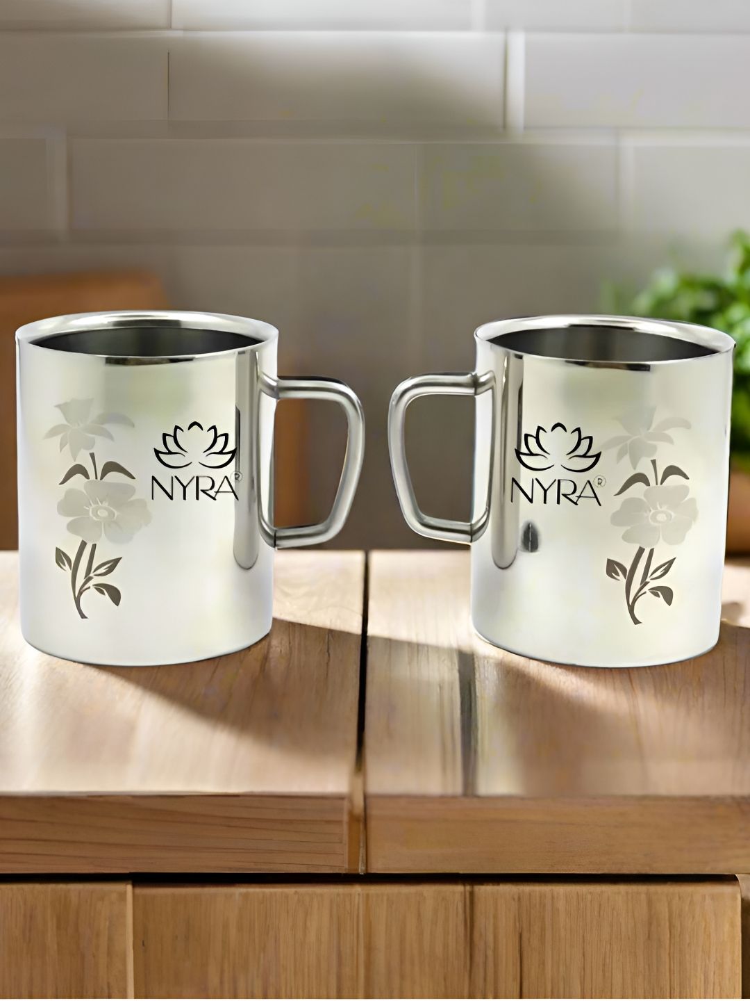 Nyra Kitchenware Steel & Black 2 Pieces Floral Stainless Steel Glossy Cups-270 ml Each-image-40
