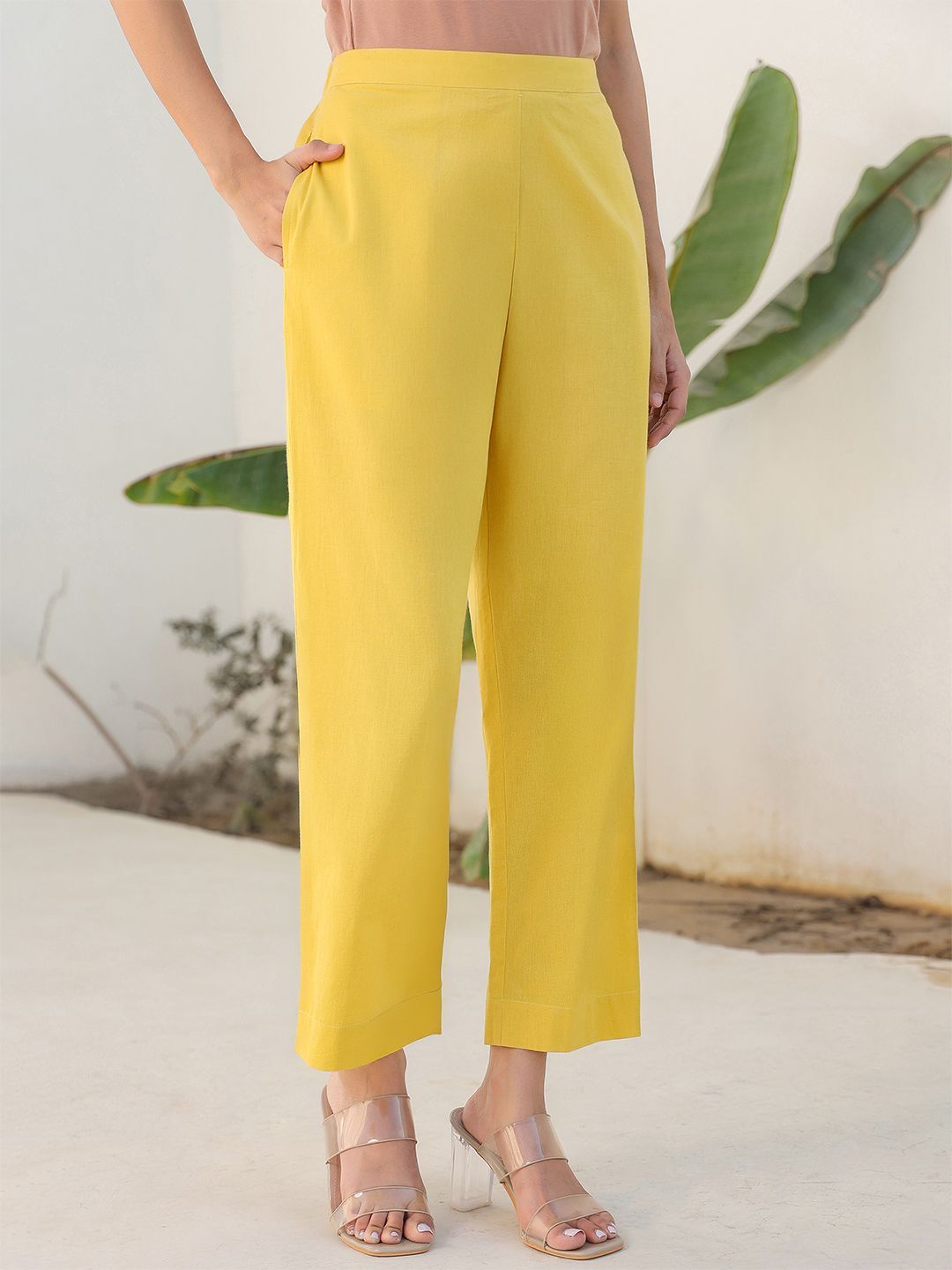 Janasya Women Relaxed Straight Leg Yellow Cotton Solid Pant-picture-22