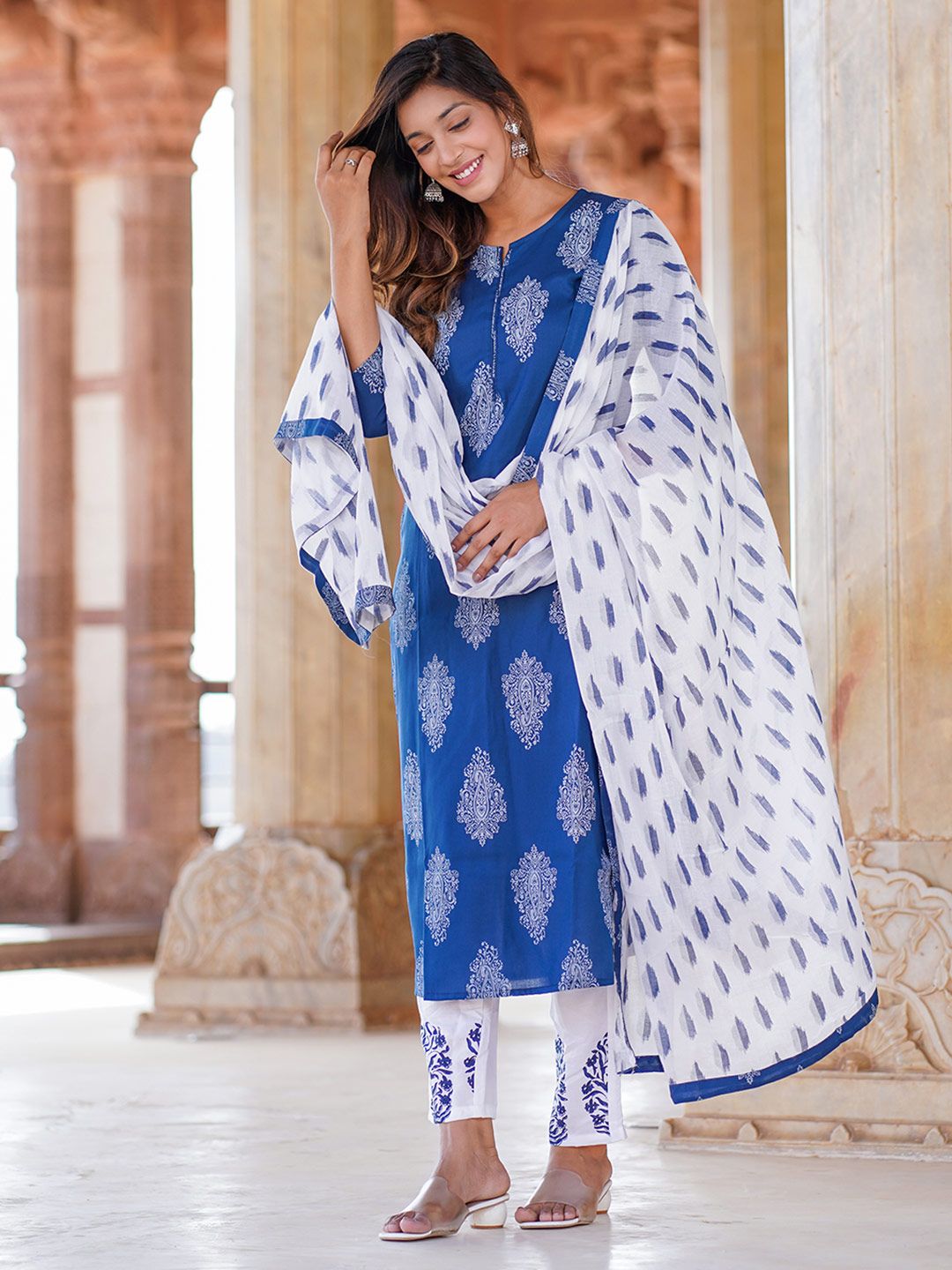 KALINI Paisley Printed Round Neck Straight Kurta With Trousers And Dupatta-picture-29