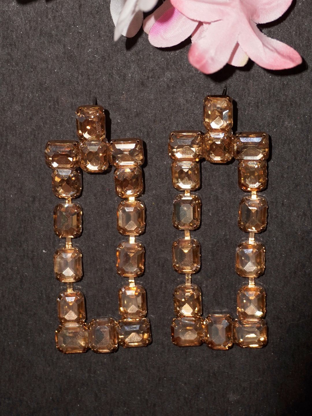 Niscka Gold-Plated Rhinestone Studded Contemporary Shaped Drop Earrings-picture-10