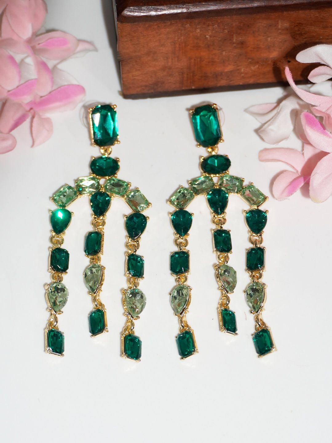 Niscka Gold-Plated Crystals Studded Contemporary Shaped Drop Earrings-picture-12