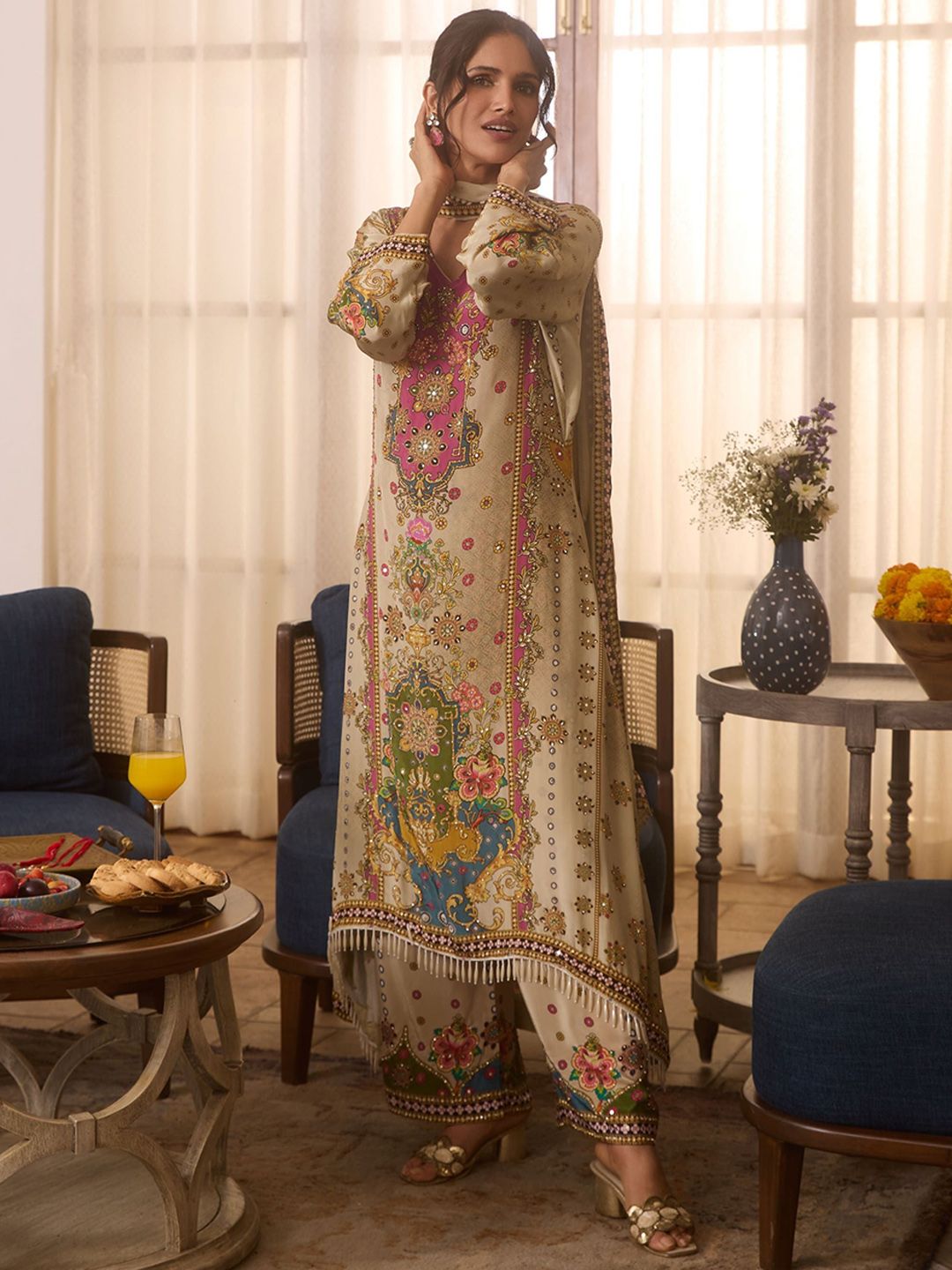 Anouk Floral Embroidered V-Neck Mirror Work Straight Kurta With Palazzos & Dupatta