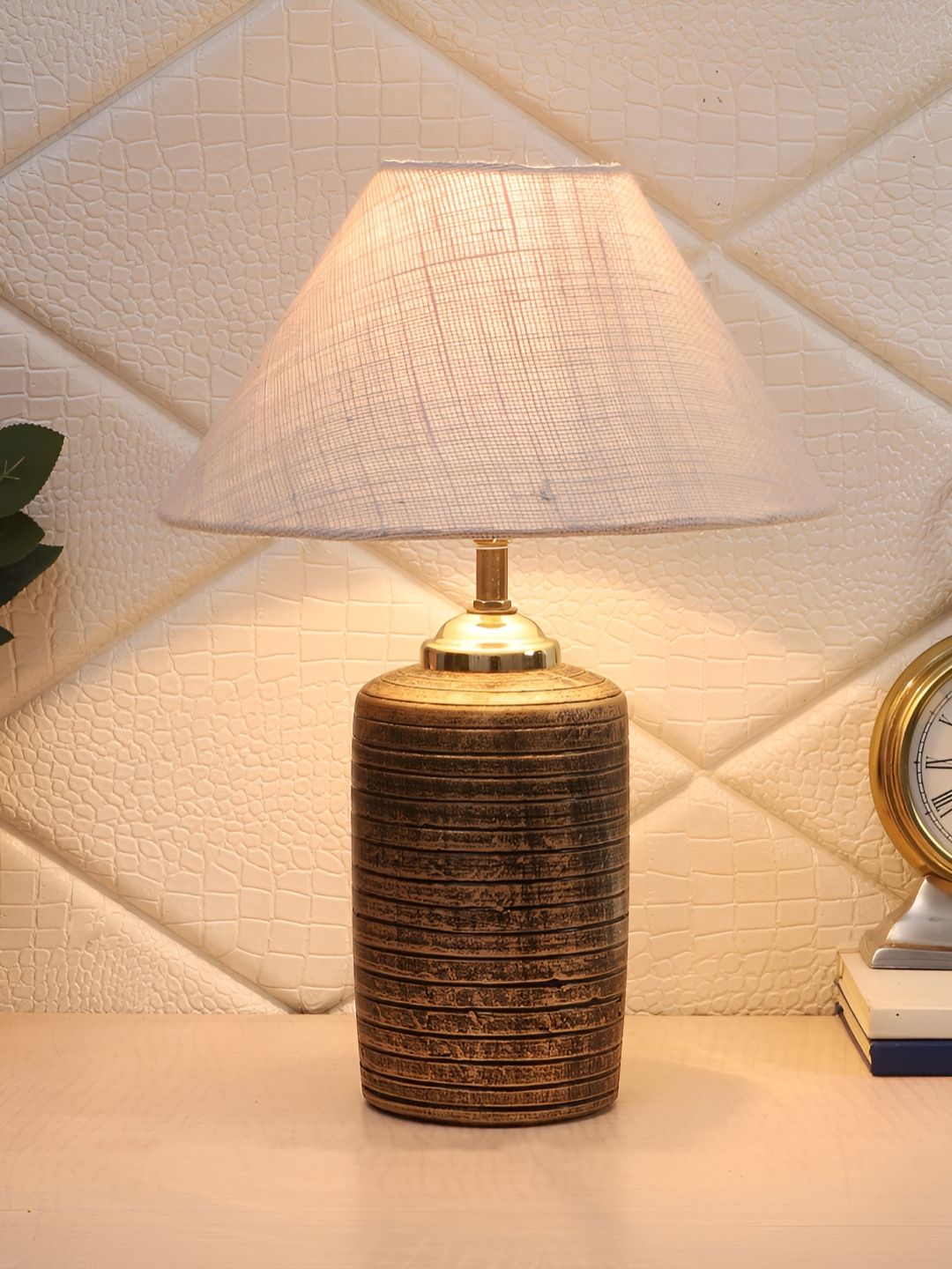 BrightDaisy White Printed Terracotta Frusturical Shaped Table Lamp-picture-46