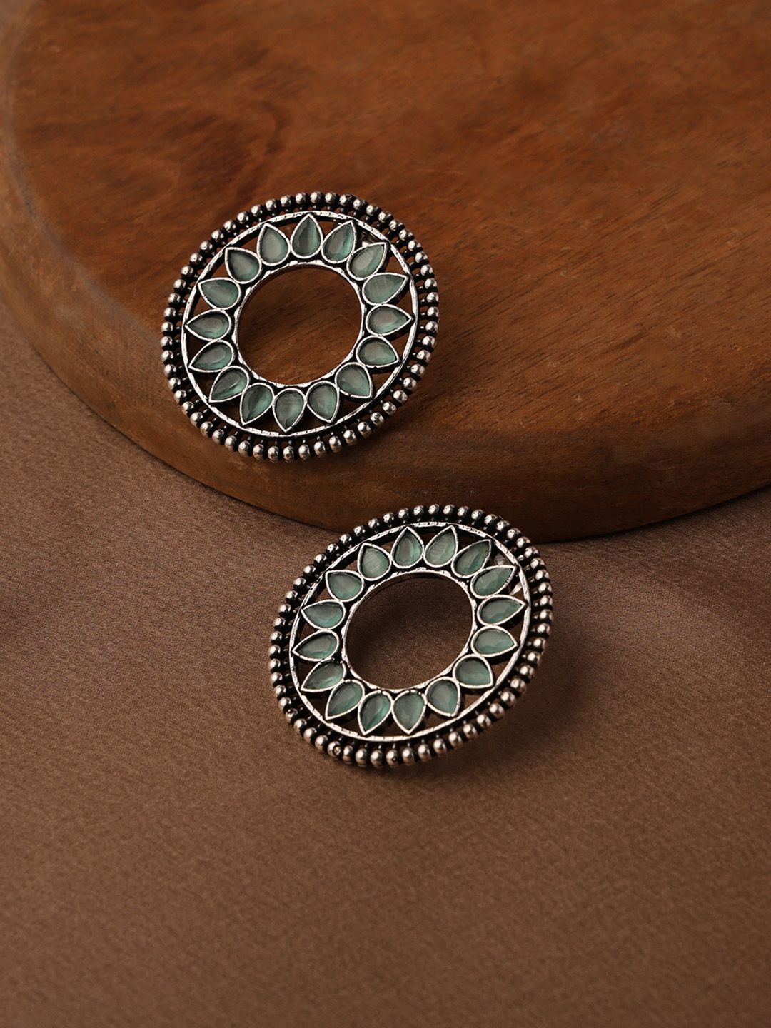 VENI 925 Sterling Silver-Plated Artificial Stone Studded Circular Oxidised Studs-picture-19