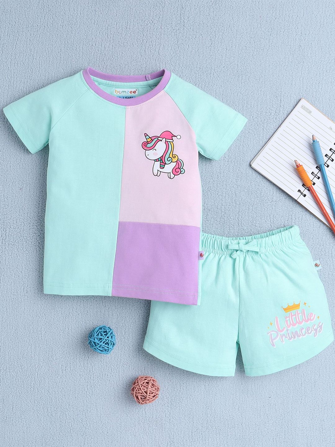 BUMZEE Girls Colourblocked Round Neck Pure Cotton T-Shirt With Shorts-picture-25