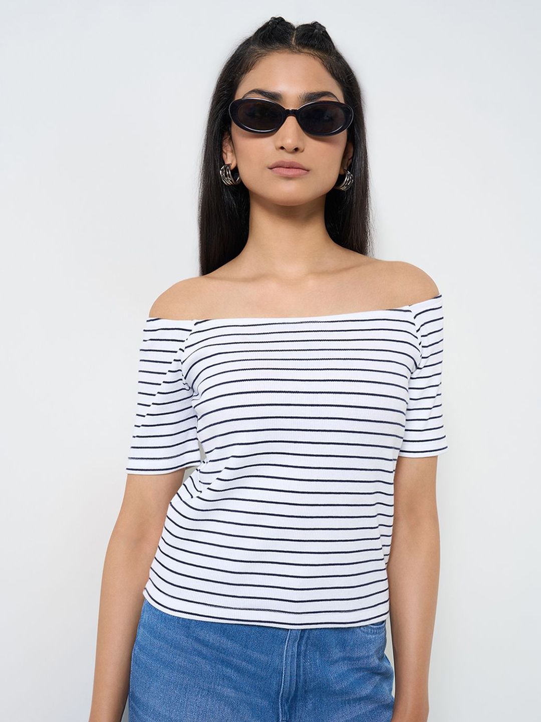 SF JEANS by Pantaloons Women Horizontal Stripes Striped Bardot Top-picture-30