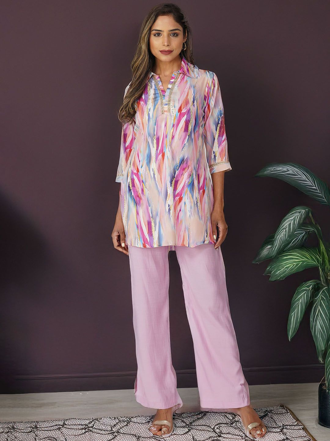 Bindigasm Printed Shirt Collar Tunic With Palazzos-picture-24