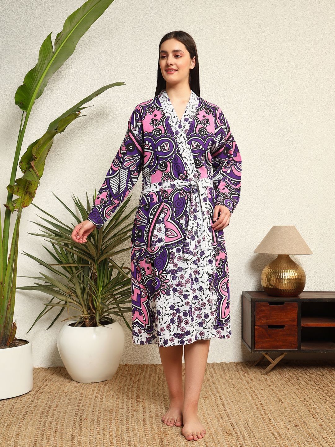 HANDICRAFT PALACE Purple & White Printed Bath Robe With Loop Belt-picture-4