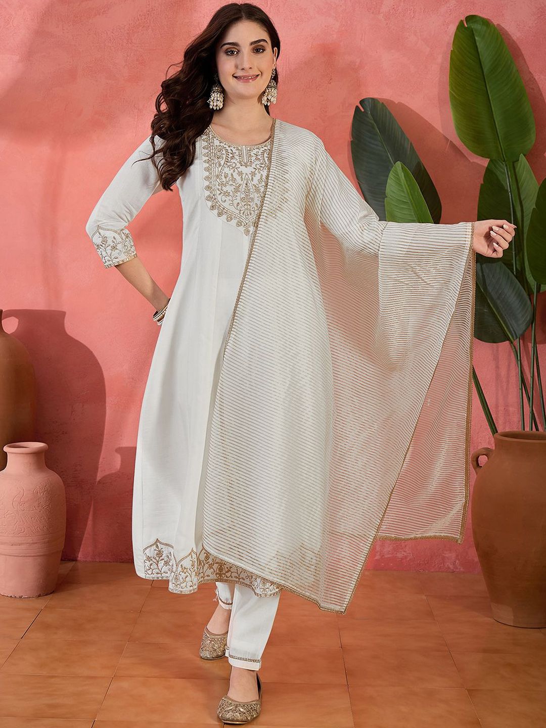 Sangria Floral Embroidered Round Neck Sequinned A-Line Kurta With Trousers And Dupatta