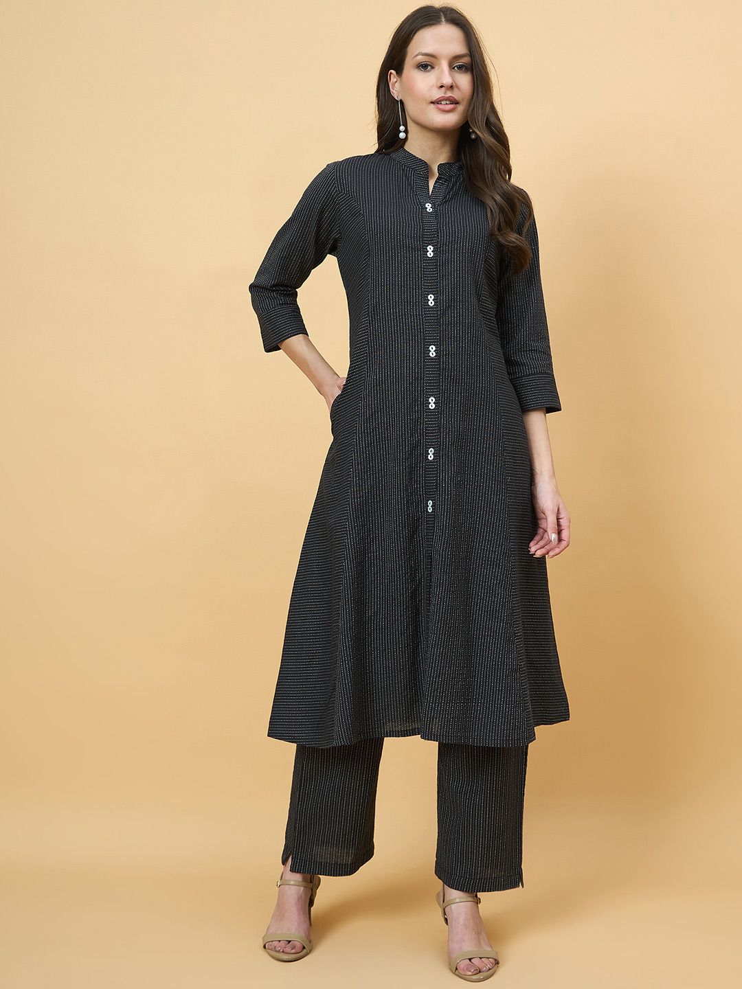 Azira Striped Embroidered Thread Work Pure Cotton A-Line Kurta With Trousers