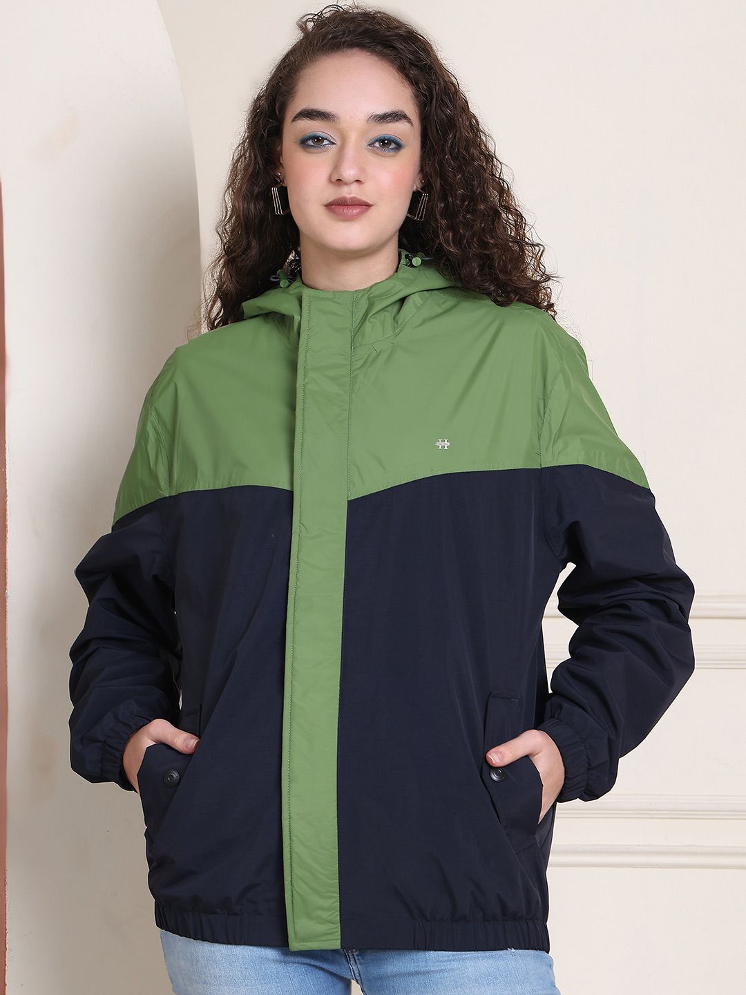 HOUSE OF VEDAS Women Colourblocked Windcheater and Water Resistant Outdoor Sporty Jacket with Patchwork