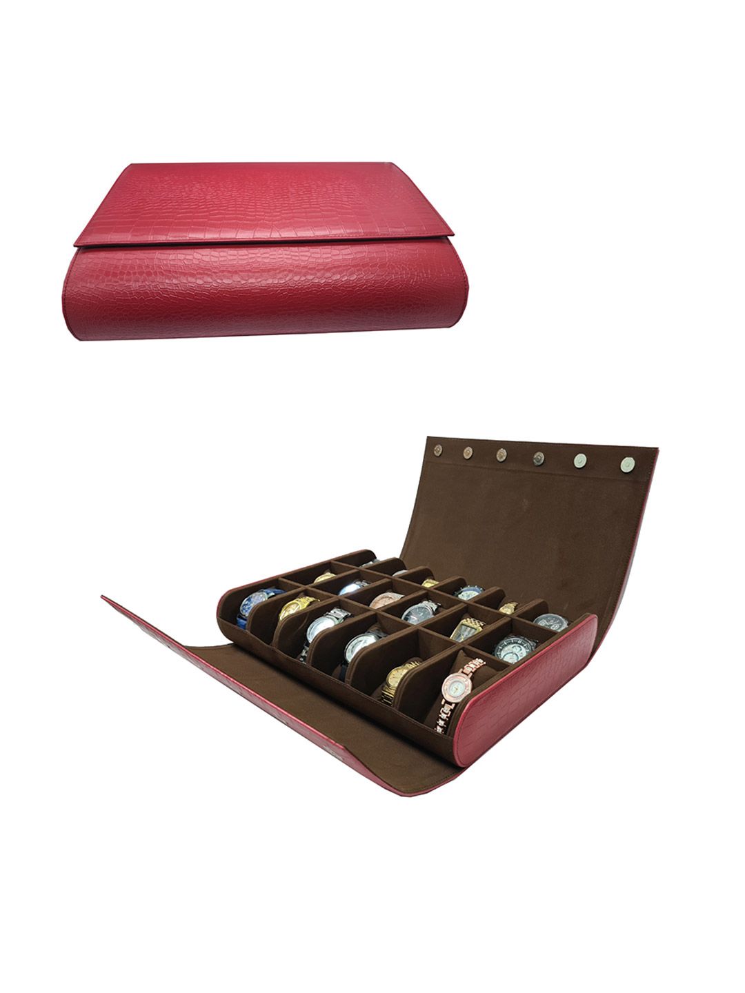 essart Maroon & Brown Textured 18-Watch Roll Organiser-picture-22