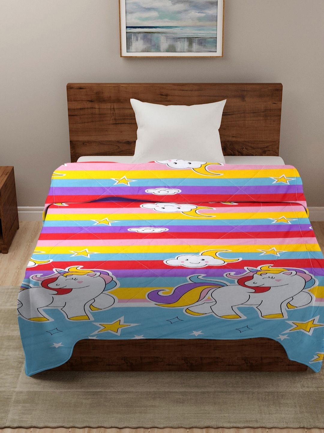 HOSTA HOMES Blue & White Cartoon Printed Reversible AC Room 210 GSM Single Bed Comforter-image-11