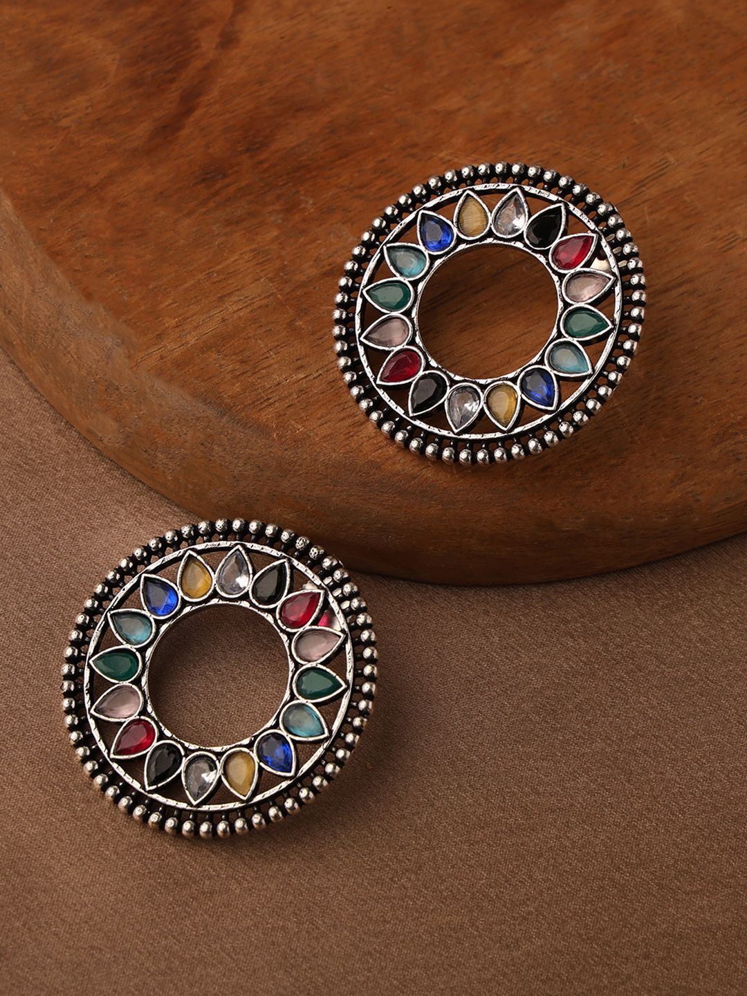 VENI 92.5 Silver-Plated Artificial Stone Studded Circular Shaped Oxidised Studs-picture-41
