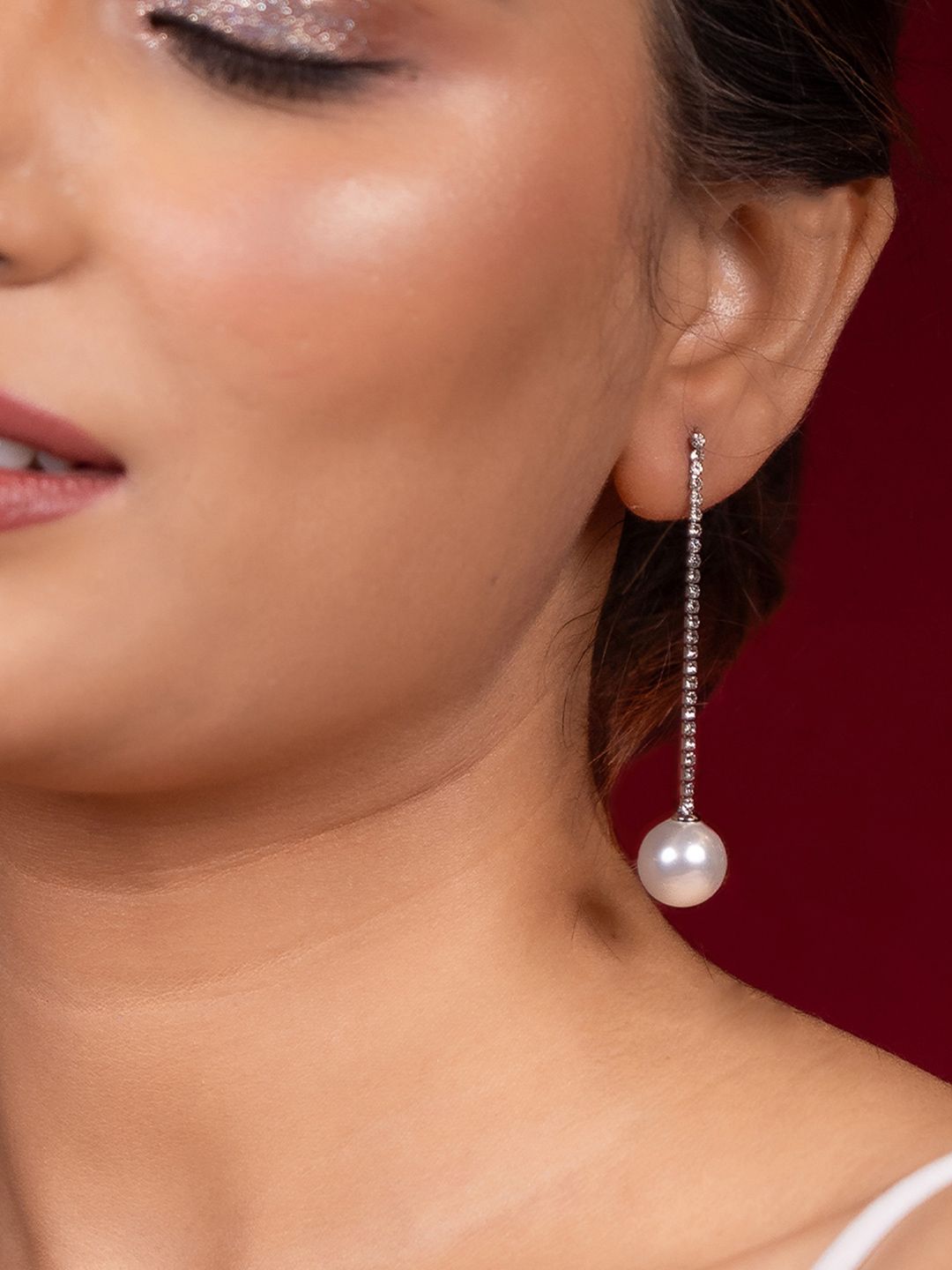 Niscka Silver-Plated Artificial Stones Studded Contemporary Shaped Drop Earrings-picture-26