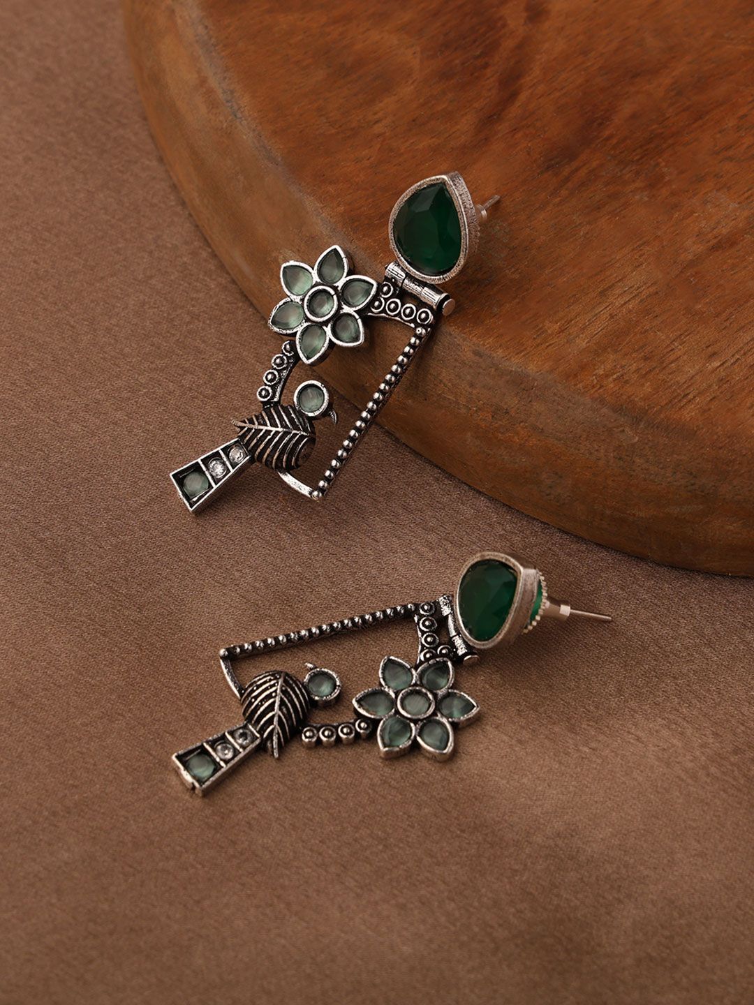VENI 92.5 Silver-Plated Artificial Stone Studded Contemporary Oxidised Drop Earrings-picture-32