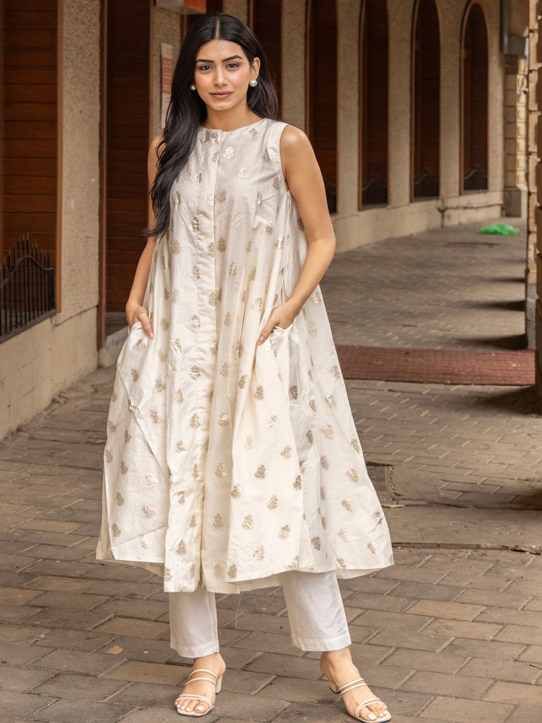 KALINI Woven Design Printed Boat Neck A-Line Kurta With Trousers