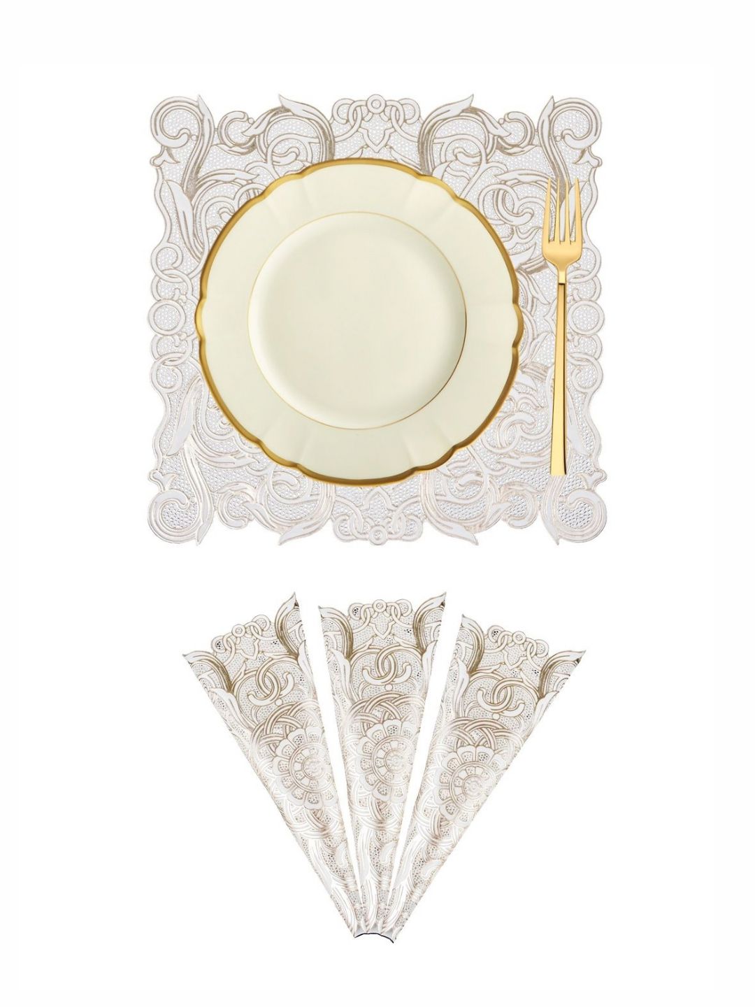 Aura Cream Colored and Gold-Toned 4 Pieces Floral Textured Square Table Placemats