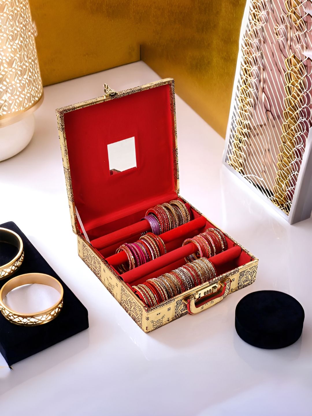 Aura Gold-Toned 4 Rod Makadi Printed Wooden Mirror Number Lock Velvet Bangle Box-picture-39