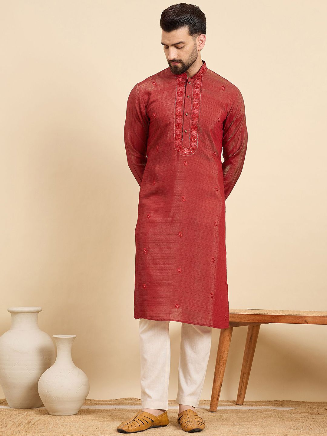 House of Pataudi Ethnic Motifs Embroidered Sequins Straight Kurta-picture-48