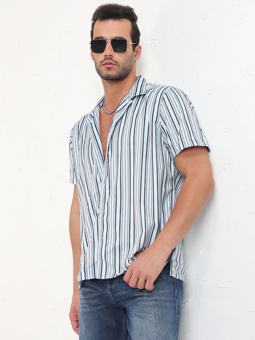SHOWOFF Men Comfort Relaxed Fit Cuban Collar Vertical Striped Cotton Casual Shirt-picture-35