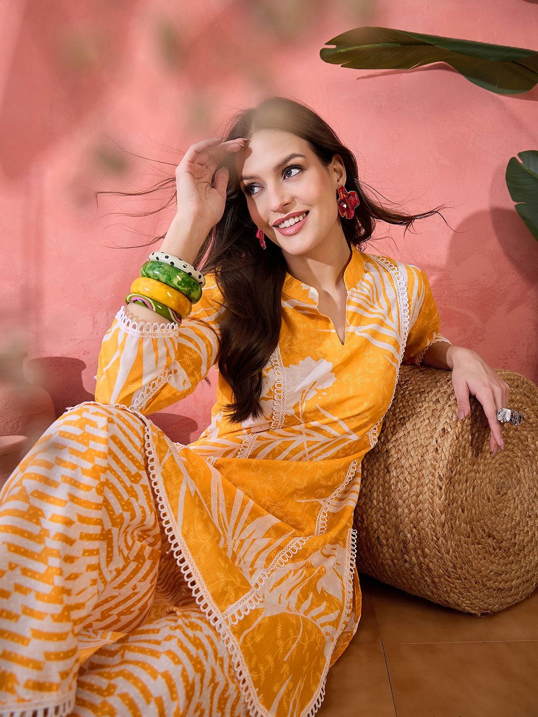 Sangria Floral Printed Mandarin Collar Pure Cotton Straight Kurta With Palazzos-picture-11