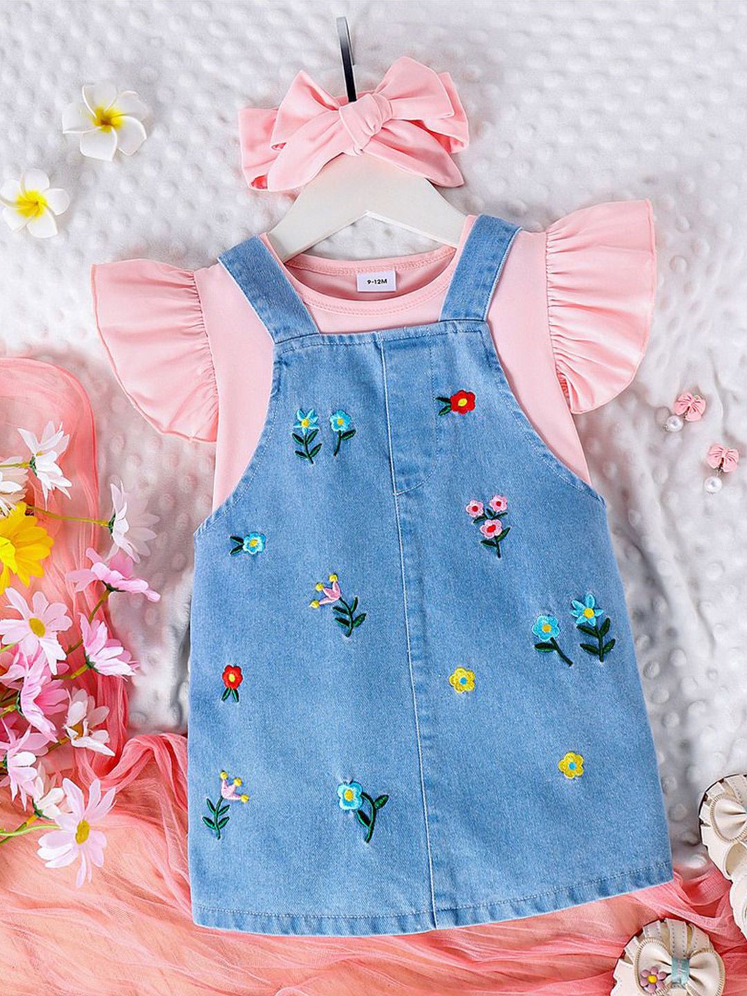 Xsole Girls Floral Embroidered Denim Pinafore Dress With Hairband-picture-24