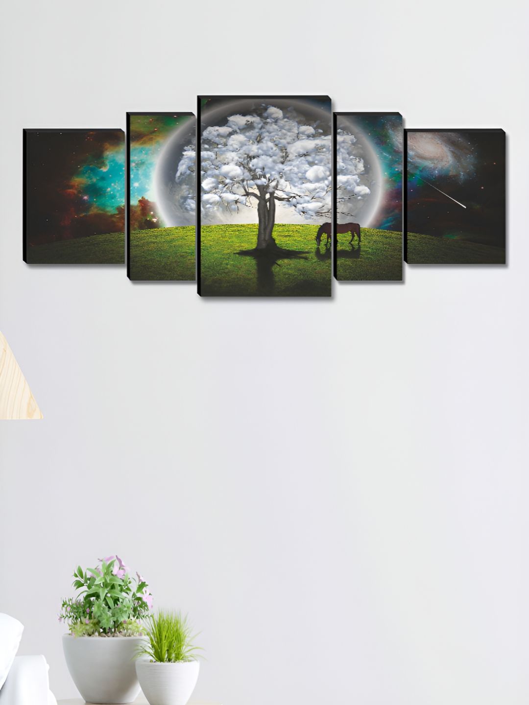 Myntra Elegant Homes White & Green 5 Pieces Wooden Tree & Moon Painting Wall Arts-image-31